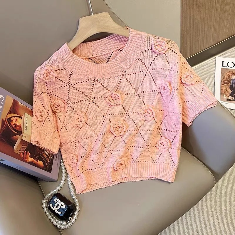 

2023 Spring Summer Women Knitted T-Shirts Short Sleeve Korean Style Tops Female Slim Casual Knit Tee Sweater Crop Rose T-shirt