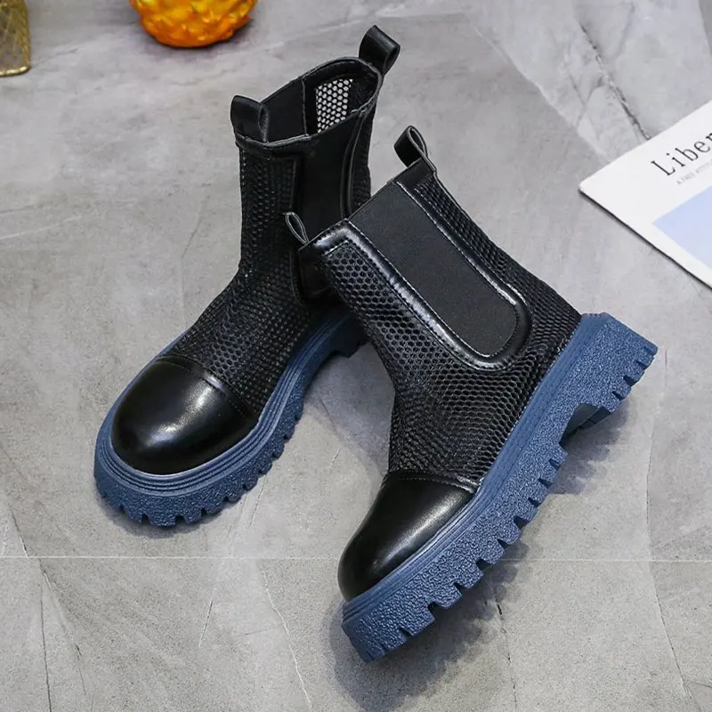 2022 New Super High Heel Fashion Net Boots Women  Zipper Ankle Boots Spring Summer Thick Heel Round Toe Boots