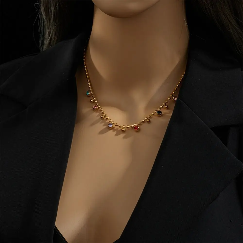 

Korean Style Women Simple Trendy Stainless Steel Multi-color Zircon Necklace Fashion Girl Bead Chain Party Jewelry Gifts