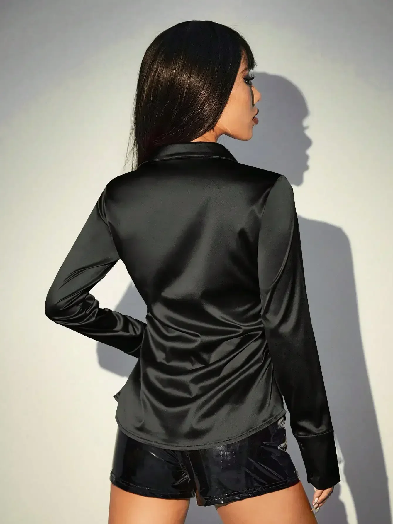 Женская Осенняя модная блузка рубашка на пуговицах черное Повседневное платье