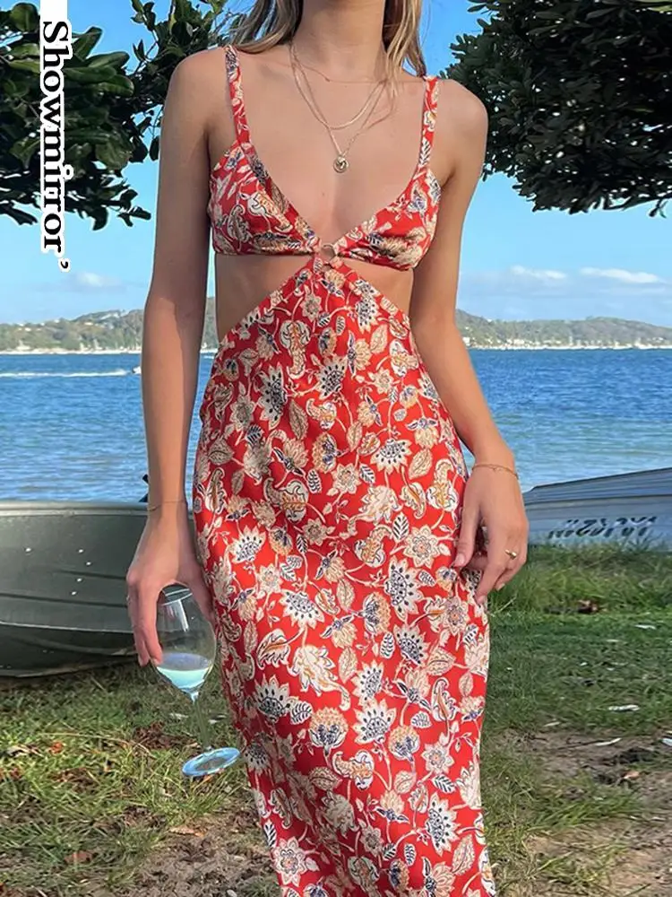 

Showmirror винтажное Сексуальное Платье макси с принтом для женщин 2022 открытая спина Вырез Летняя Вечеринка Клубное платье на бретелях сарафан ...