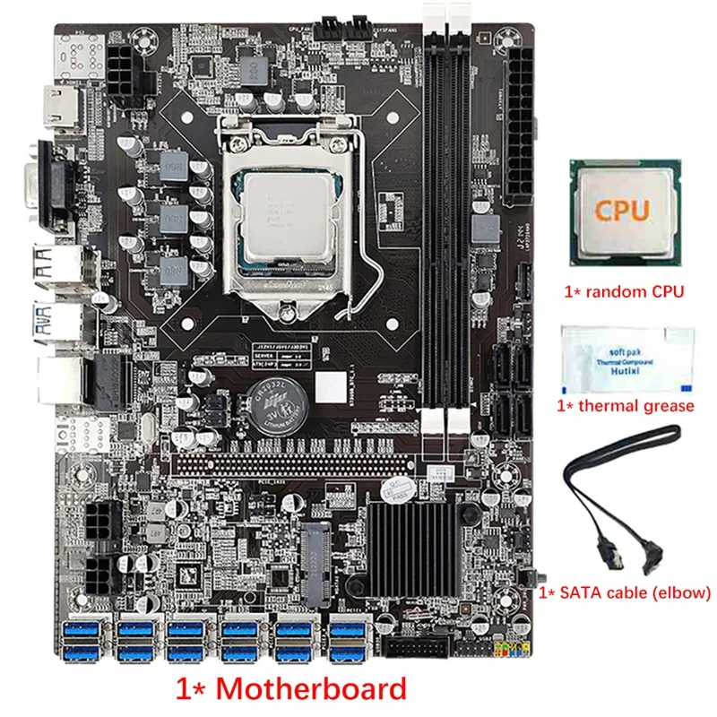 B75 12 Card BTC Mining Motherboard+CPU+Thermal Grease+SATA Cable 12 USB3.0 To PCIE GPU Slot LGA1155 DDR3 RAM SATA3.0