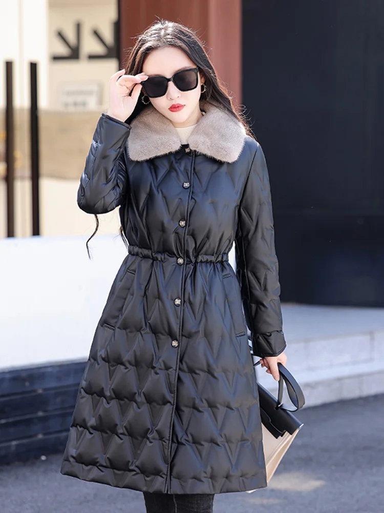 New Women Leather Down Coat Winter Casual Warm Mink Fur Collar Drawstring Waist Sheep Leather Long Down Jacket Thicken Outerwear