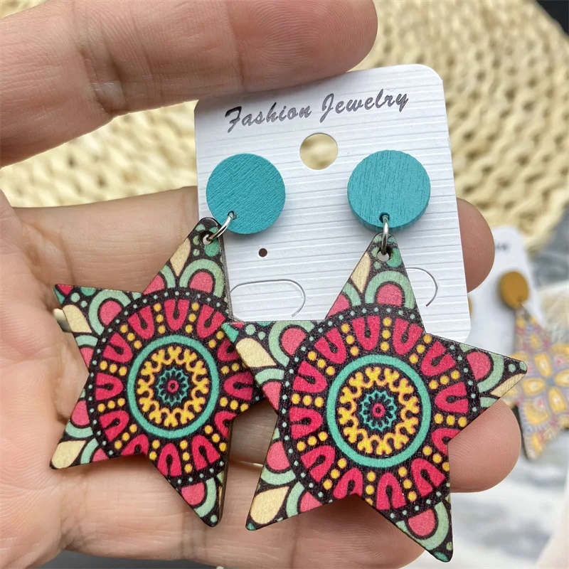 

Hot Colorful Five-pointed Star Wood Earrings Vintage National Style Earring African Forest Style Ear Ring Jewelry Gift Wholesale