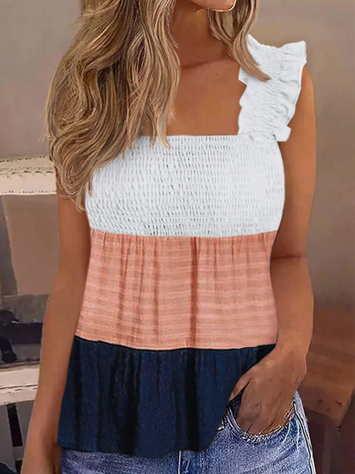 

Color Block Ruffled Smocked Tank 2023 Women New Elegant Sexy Comfy Summer Casual Fashion Commuter Vacation Sleeveless Tops