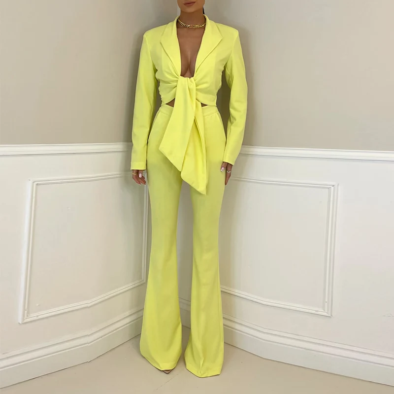 

Sexy Deep V Lace-Up Jacket + Flared Pants Solid Two-piece Set Elegant Lady Commuter Slim Suit Autumn Fashion High Street Outfit