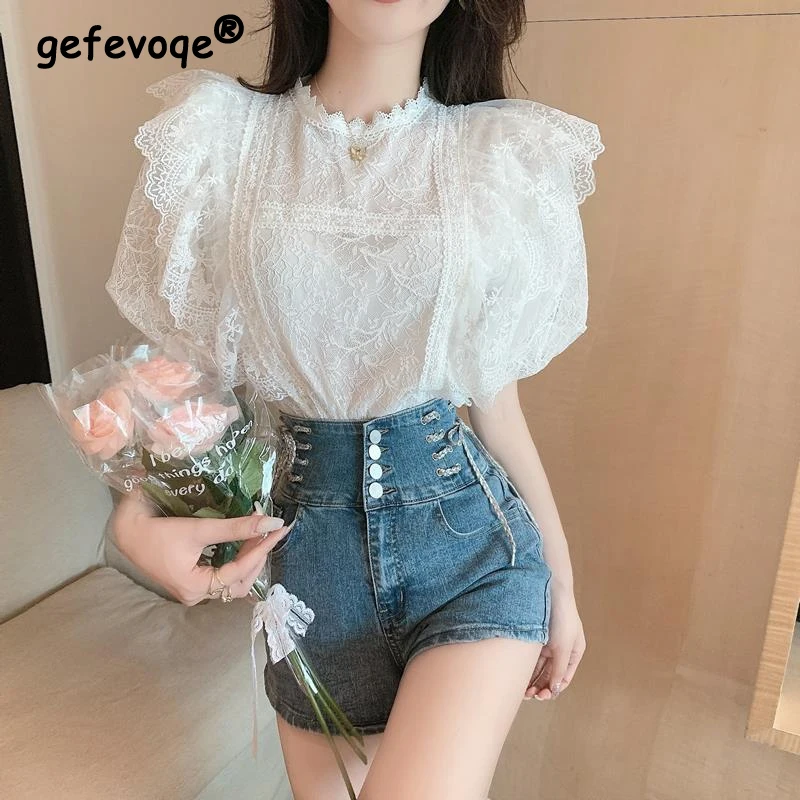 Korean Chiffon Ruffles Lace Sweet Shirts Women Puff Sleeve O-Neck Casual Elegant Fashion Retro All-match Slim Summer Chic Tops