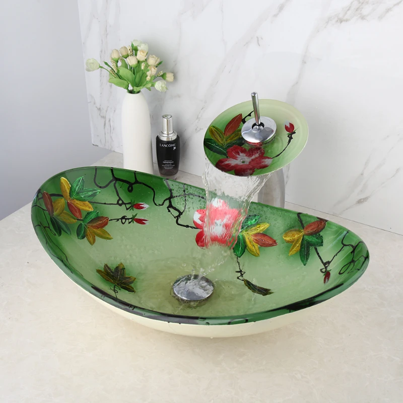 

Tempered Glass Art Wash Basin Green Mixer Waterfall Faucet Pop Up Drain Combo