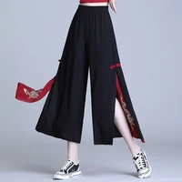 chinese style women pants 2022 new summer hippie ethnic casual loose black slit wide leg pant femme pantalones kimonos trousers