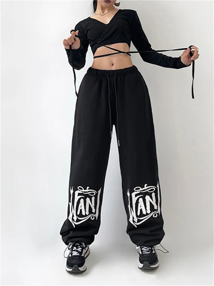 

QWEEK Hip Hop Punk Black Joggers Sweatpants Women Streetwear Gothic Print Wide Leg Track Pants Oversized Kpop Jogging Trousers