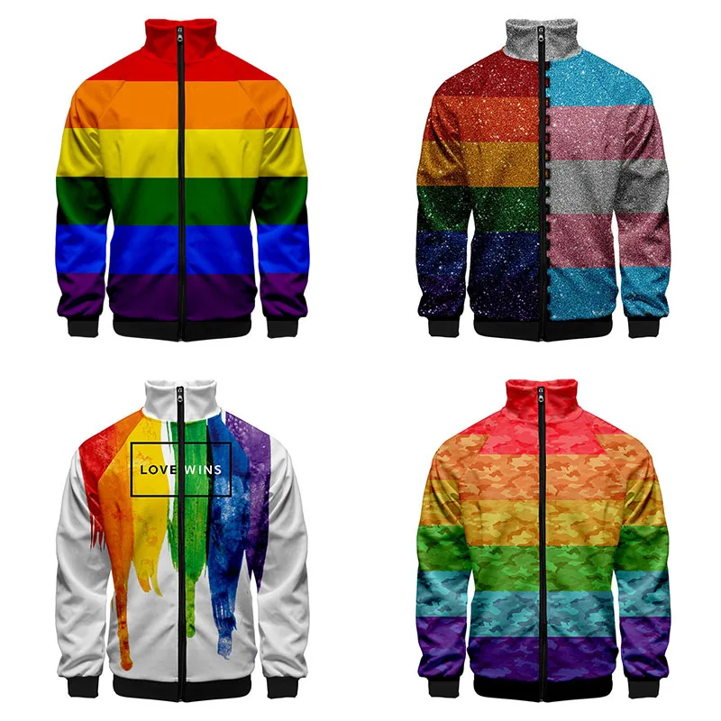 

2022 Классическая ЛГБТ-куртка на молнии с радужным флагом в стиле Харадзюку, уличная одежда 3D, куртки с воротником-стойкой и длинным рукавом, м...