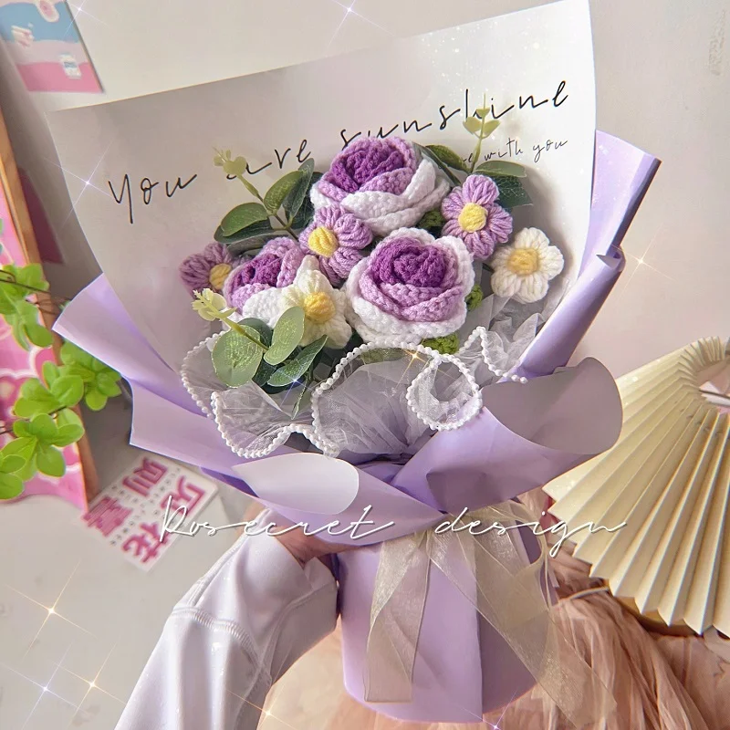 Искусственный букет из шерсти гвоздики ручной вязки Подсолнухи роз хлопковые