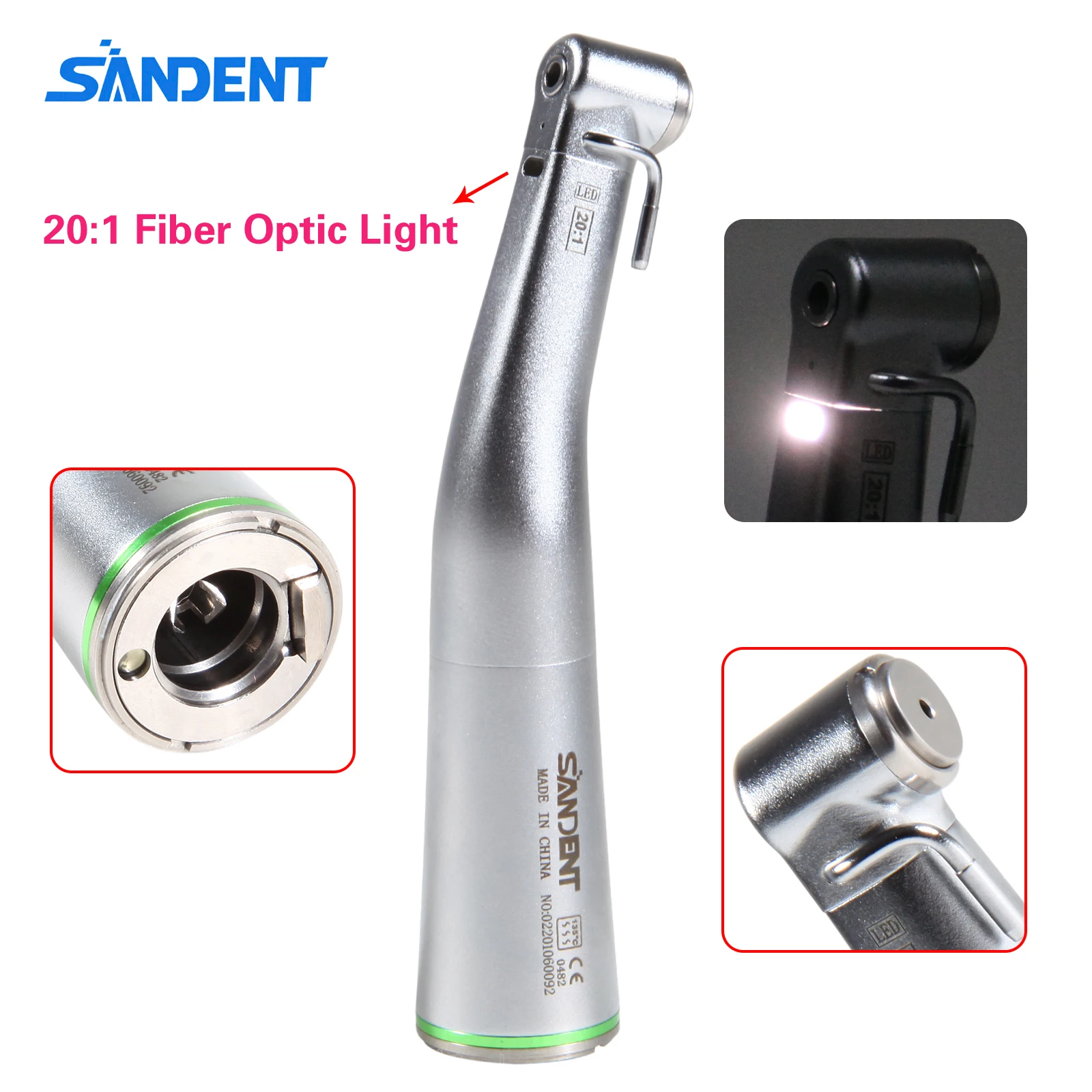 

Dental 20:1 Gear Ratio Reduction Low Speed Fiber Optic Implant Handpiece Push Button Contra Angle for E-type Motors