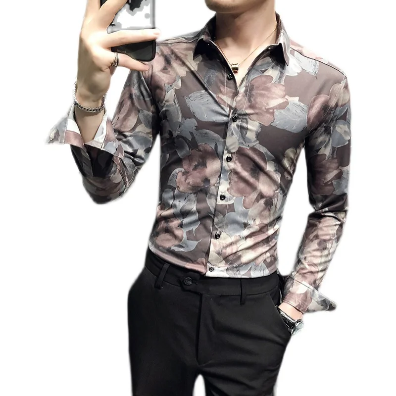 Brand Floral Print Men Shirt Autumn Long Sleeve Business Dress Formal Dress Shirts 2021 Slim Social Casual Shirt Chemise Hombre