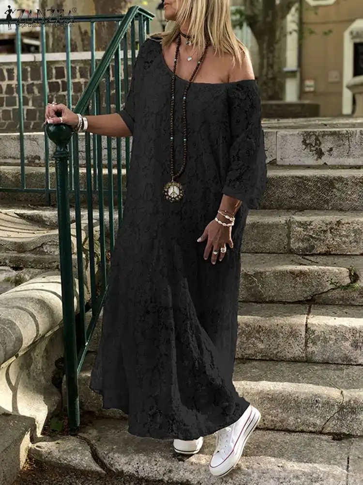 

ZANZEA Elegant Summer O Neck Half Sleeve Hollow Out Long Dress Fashion Women Lace Crochet Sundress Party Maxi Vestido Robe Femme
