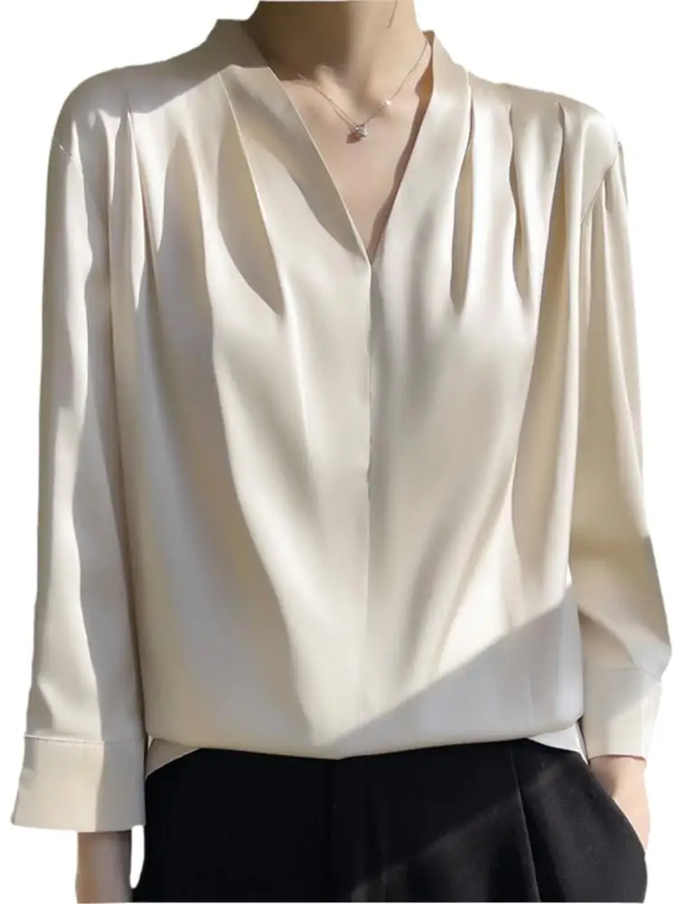 

French Elegant Vintage V-neck Silk Top S-6XL Spring Summer Women T-shirt Satin Smooth Shirt Office Lady Acetate Fabric Blouse