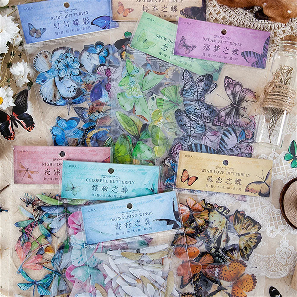 

40 шт., винтажные наклейки в виде бабочек