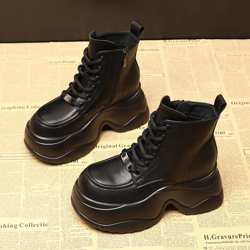 Женские сапоги на танкетке Fujin черные до колена из искусственной кожи платформе 8