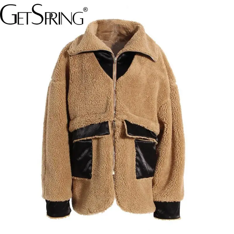 

GetSpring Women Winter Coat 2022 Detachable Shortened Two Ways Wearing Ladies Wool Lamb Coats Fashion Loose Warm Overcoat New