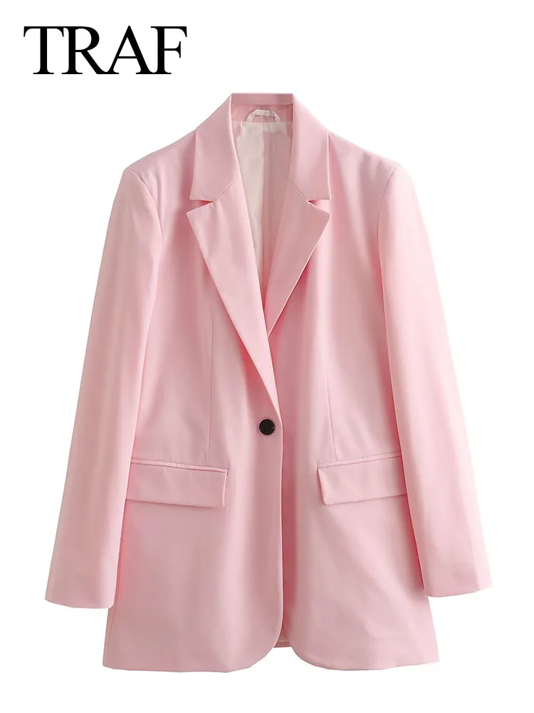 

TRAF Fashion Women's Elegant Pink Suit Collar Long Sleeve Button Pockets Decorate Slim Coat Female Vintage Casual Office Coat
