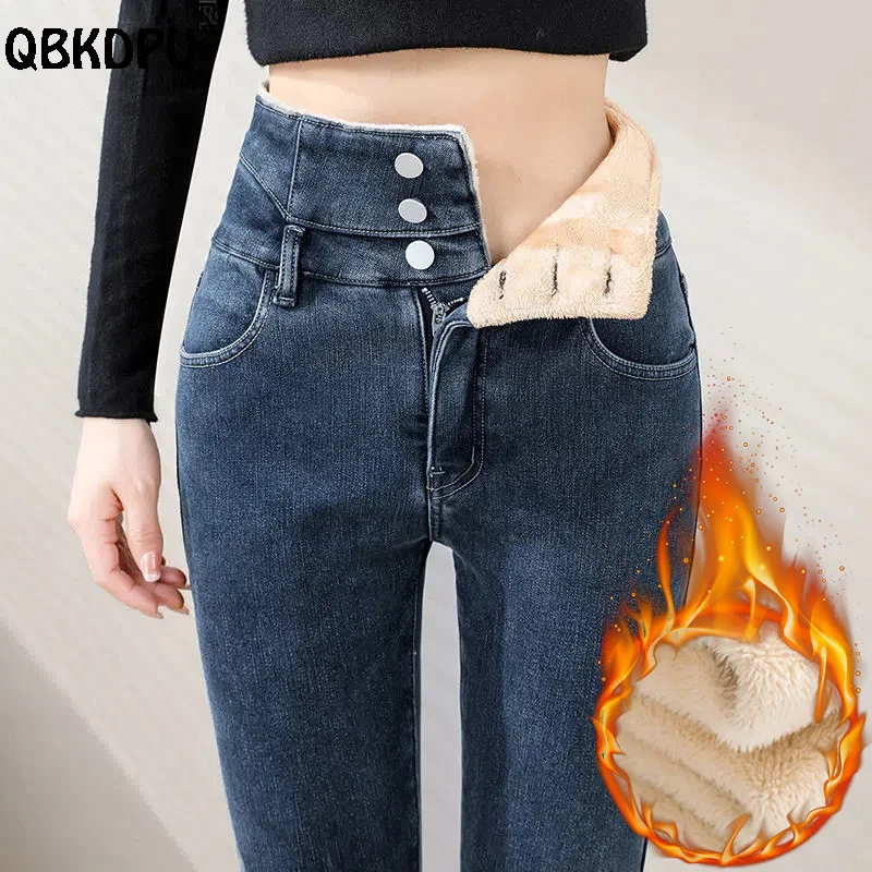 

Plus Velvet Slim High Waist Winter Jeans Women Street Thick Warm Skinny Vaqueros Snow Pencil Pant Single-Breasted Denim Trousers