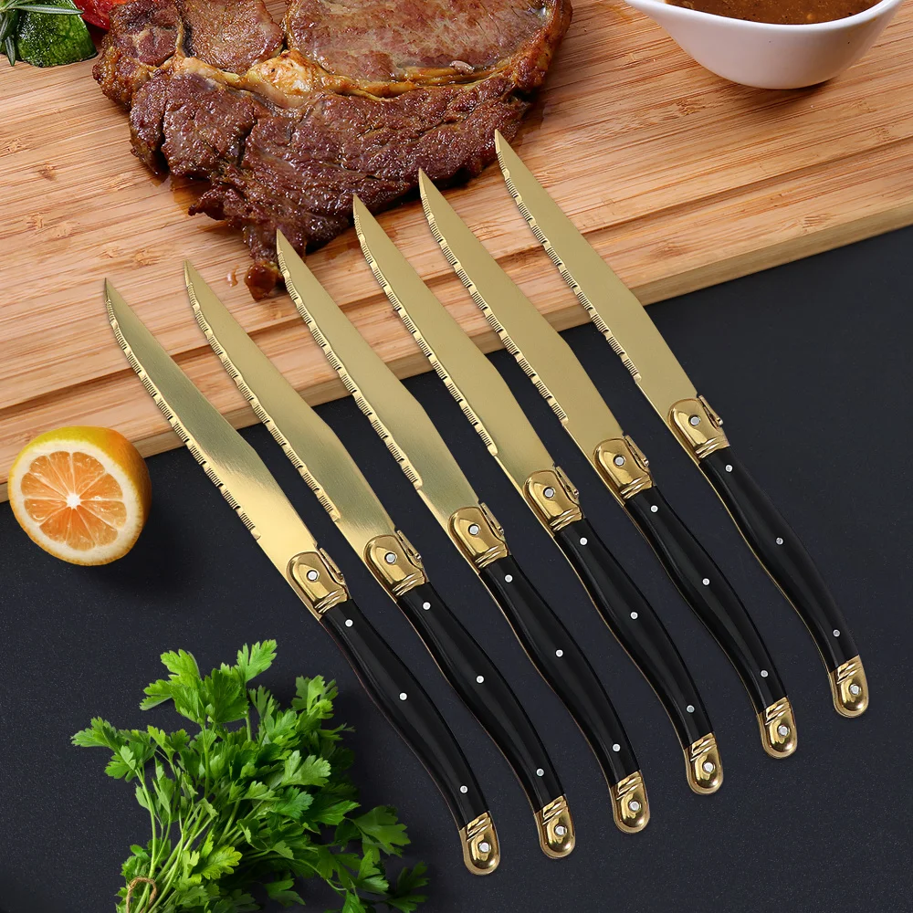 

Jaswehome 4/6pcs Steak Knives Set Titanium Gold Plating Sharp Knives Food Grade Dinnerware Sets Black Golden Dinner Knife