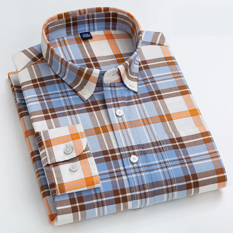 

Plaid Shirt 100% Pure Cotton Longsleeve Shirt for Men New Easy To Take Care Oxford Button-up Collar Pocket Slim Fit Shirt Men