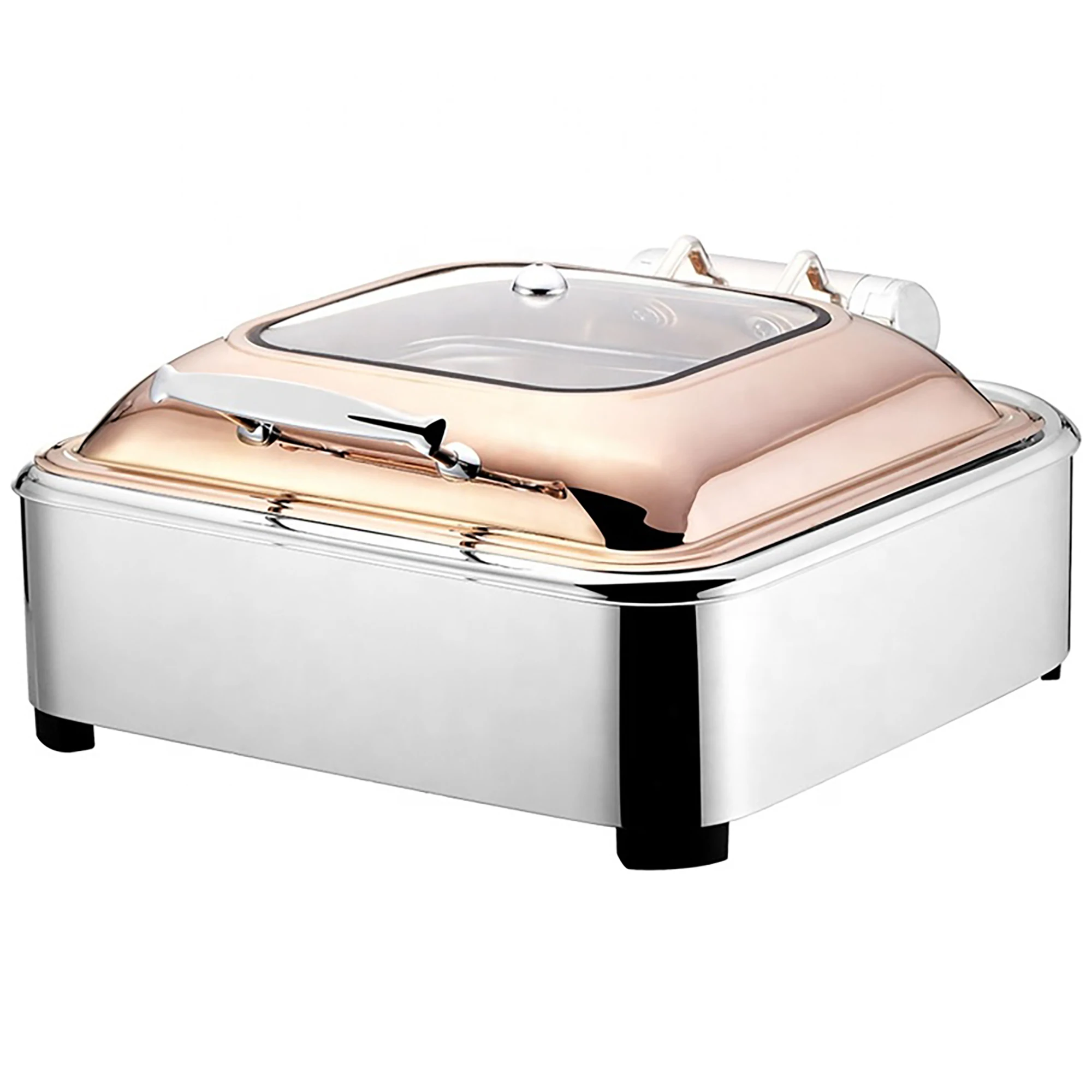 

Gold Plated Brass Royal Chafing Dish Food Warmer Set with Glass Top Quality Hotel Buffet Stove Equipment