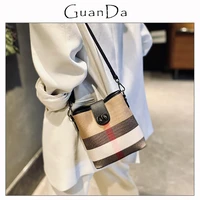 fashion versatile plaid canvas bag for women luxury small stripes leather female phone shoulder bag new bucket handbag for girls