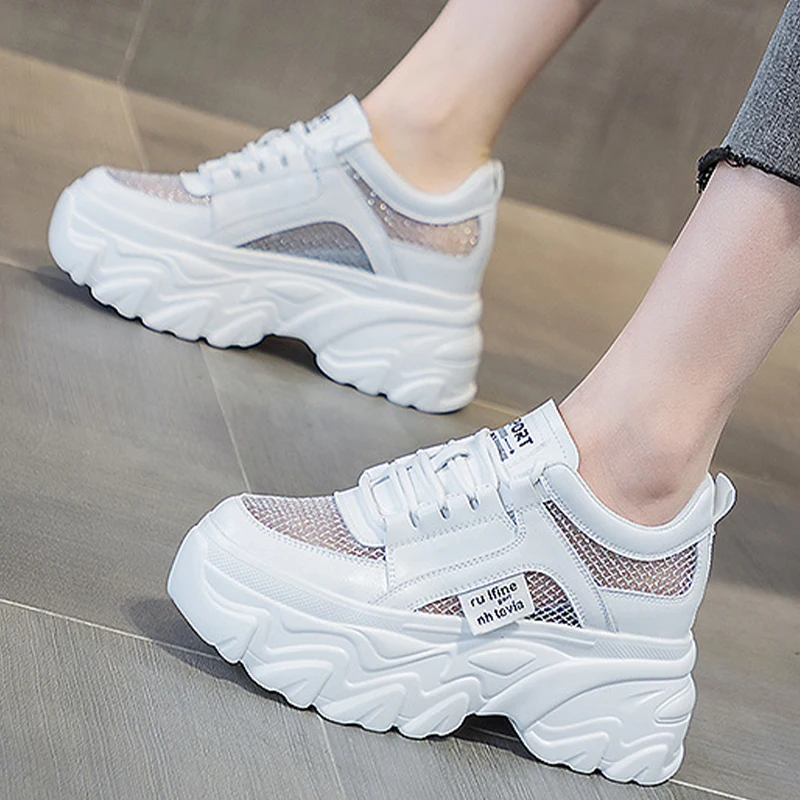 9cm Genuine Leather Women Sneakers Air Mesh Breathable Casual Sandals Hollow Platform Wedge Chunky 2023 Lace Up Summer Shoes