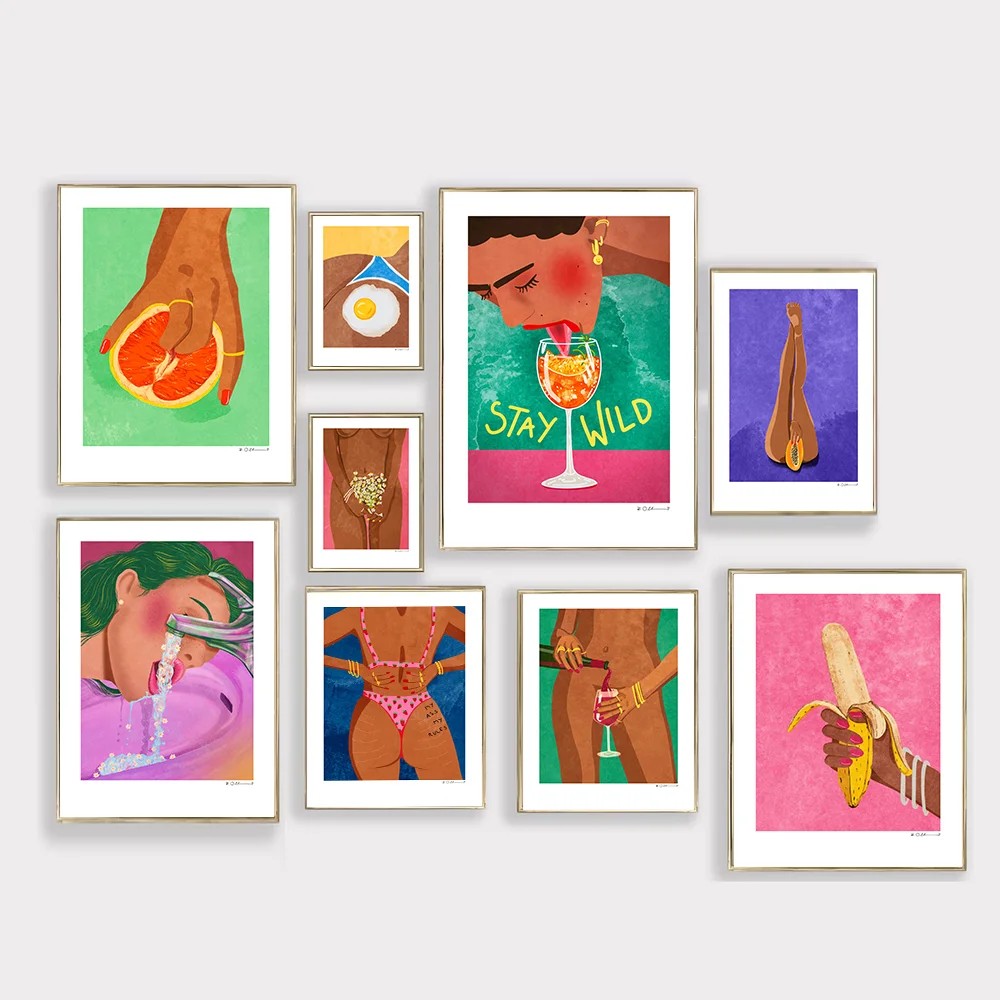 Красочные забавные девушки настенный декор картины фрукты банан красное вино