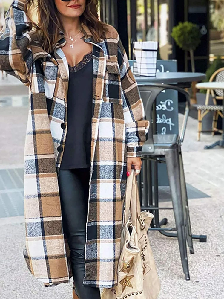 Long Plaid Coat Women Fashion Shirt 