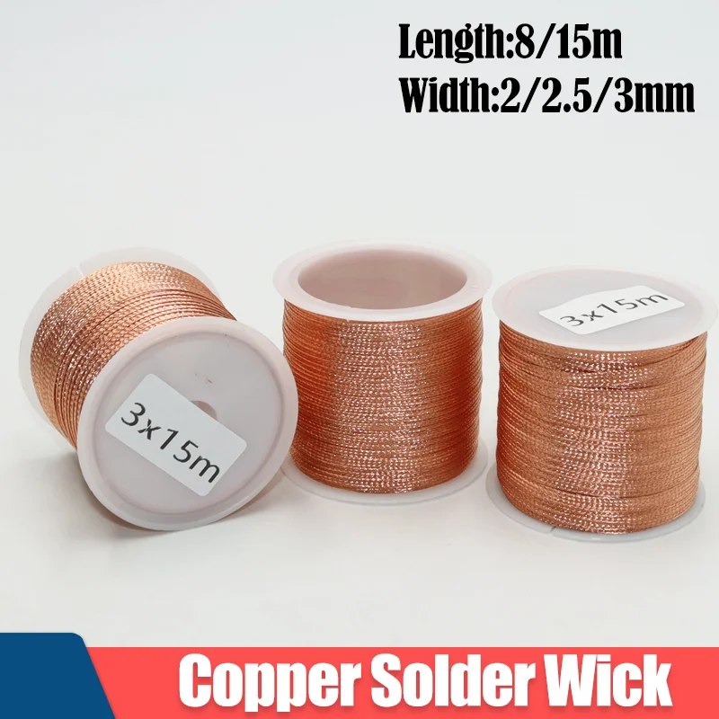 Длина 15/8 м, ширина 2,0/2,5/3,0 мм, медная проволочная сетка для распайки, оплетка, точка сварки, инструмент для удаления припоя для пайки печатных плат BGA