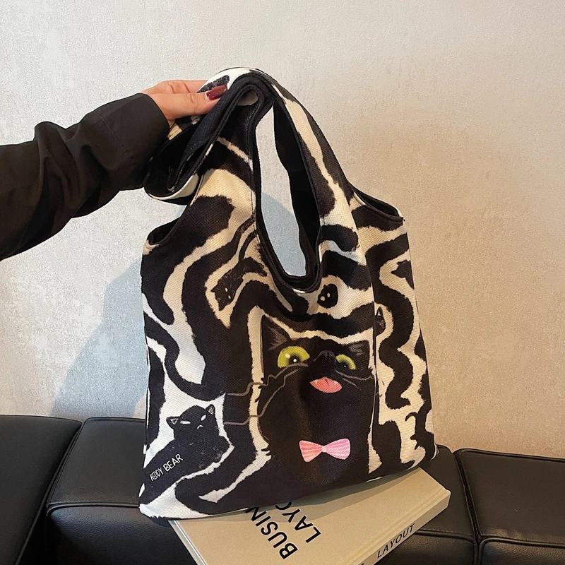 Холщовая Сумка для женщин вместительная Женская сумочка с рисунком черного кота