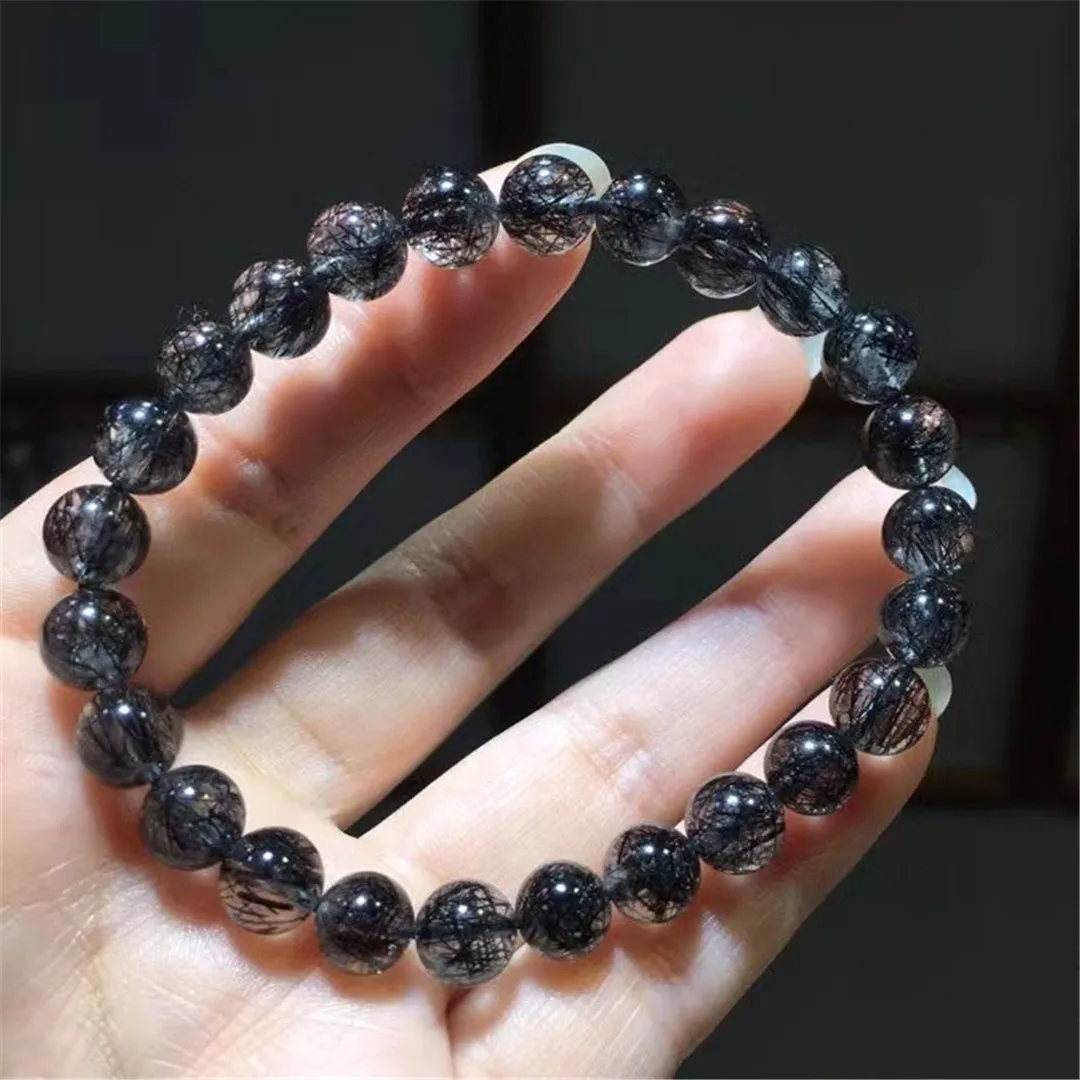 

7mm Natural Black Rutilated Quartz Bracelet Jewelry For Women Men Beauty Luck Gift Reiki Crystal Round Beads Stone Strands AAAAA