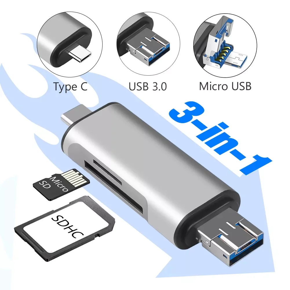 

Высокоскоростной OTG кардридер USB 3,0 Type C + Micro USB + USB, устройство для чтения карт памяти для телефонов Android, устройство для чтения компьютерных к...