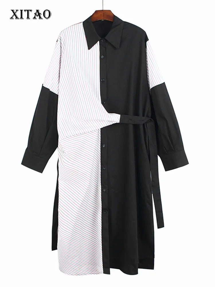 

XITAO Striped Dress Fashion Bandage Full Sleeve Goddess Fan Casual Style Pleated 2022 Autumn Minority Loose Dress ZY7760