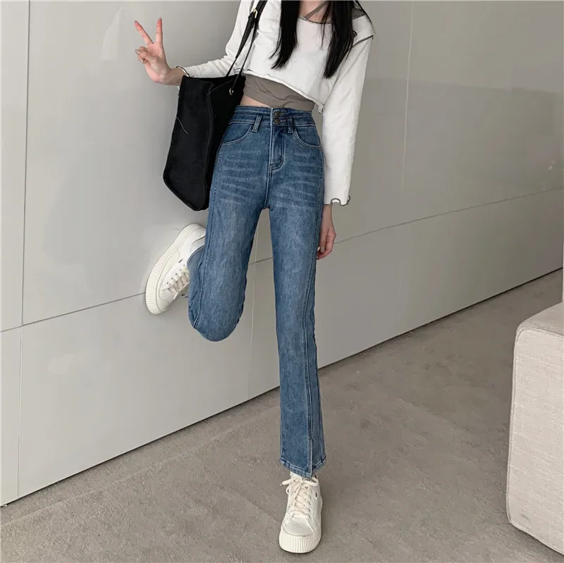 N2144  New straight leg jeans women's high-waisted slim cropped trousers jeans