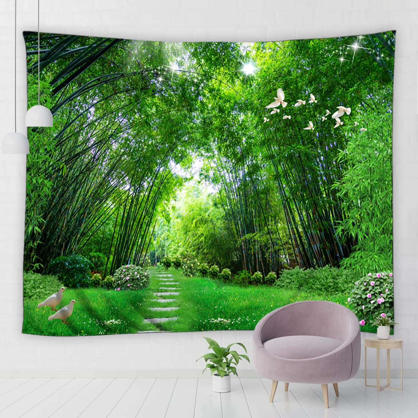 

Green Bamboo Forest Tapestry Wall Hanging Woods Peacock White Dove Deer Ocean Scenery Print Home Decor Background Wall Tapestry