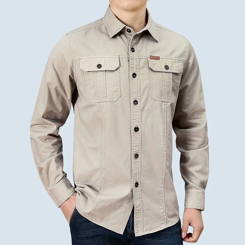 High End Luxury2022Autumn High Quality Men's Shirt Long Sleeve100%Cotton Lapel Three-dimensional Pocket Loose Shirt Work Clothes
