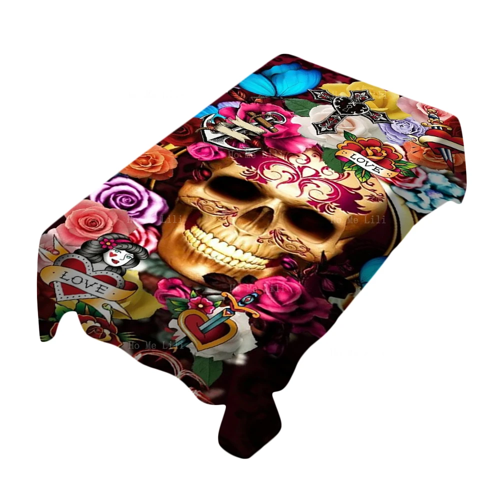 

Day Of The Dead Rose Sugar Skull Flowers Mexican Skeleton Love Tablecloth By Ho Me Lili For Dining Room Tabletop Decor