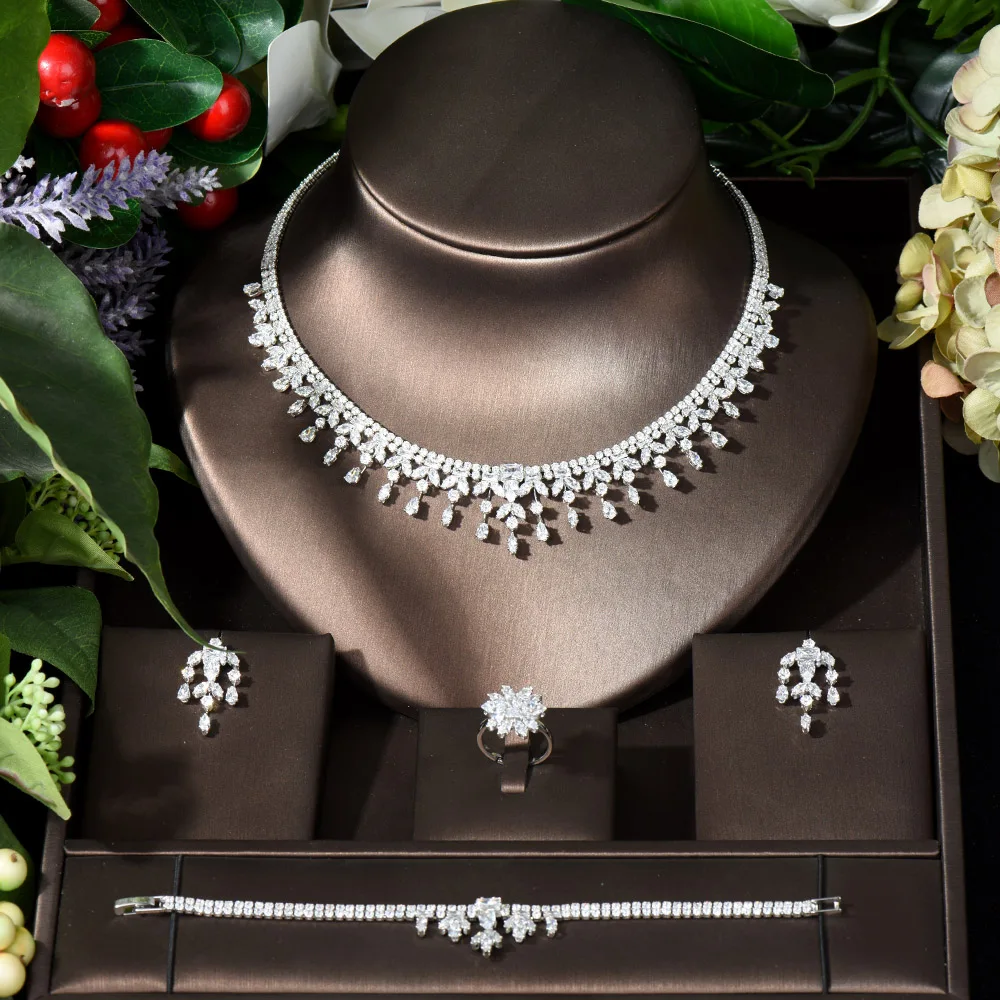 

Fashion AAA CZ Leaf Shape Luxury Bridal Wedding Jewelry Sets Women 4pc Set White Color Bridal Jewelry Sets Parure Bijoux N-439