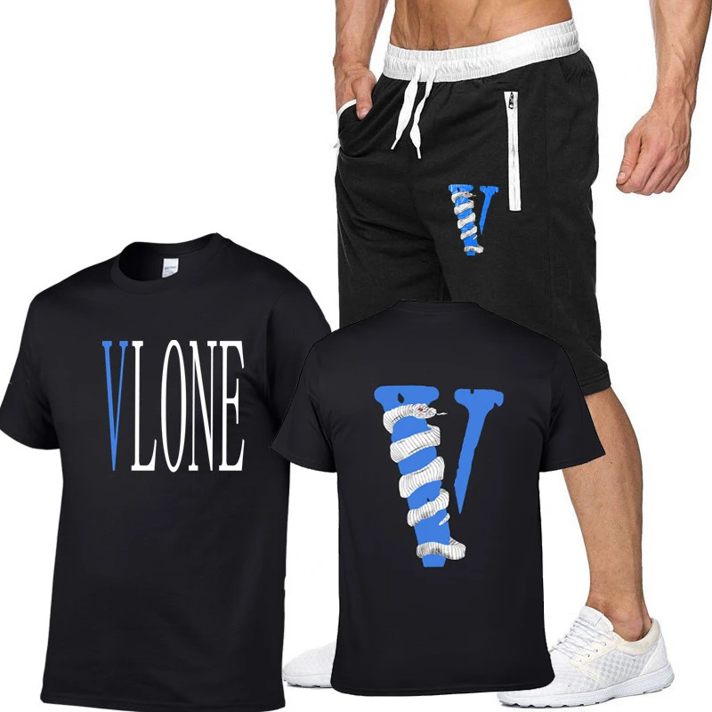 

Brand Vlone 2022 Limited T-shirt + Shorts Set Hot Selling Viper Twine Blue Big V Men and Women Couples Loose Casual 2-Piece Set