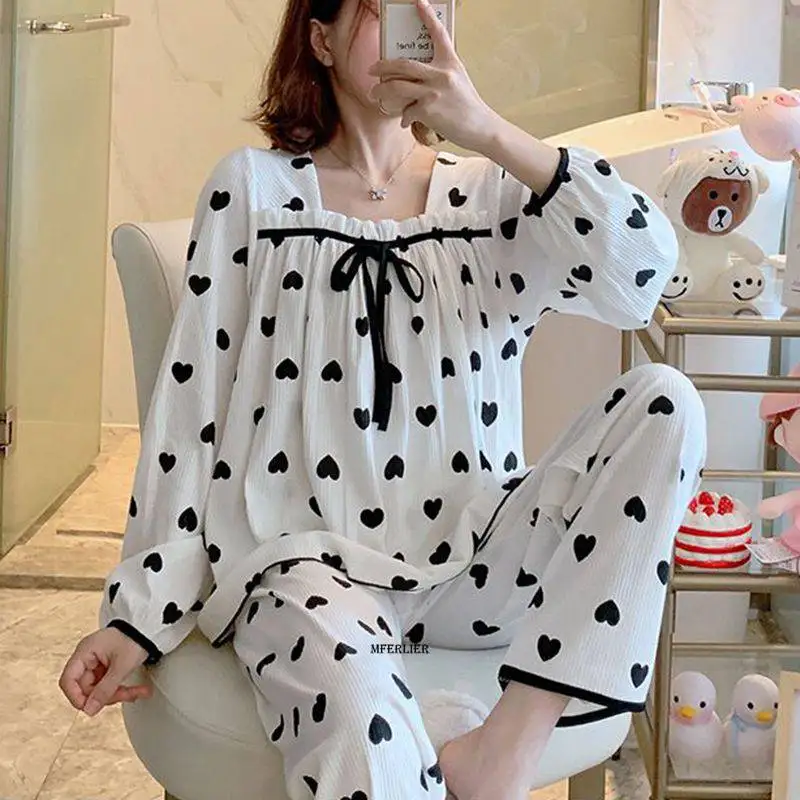 

Sleeve Large Sleepwear Women Size Pajamas And Pyjamas 5XL Mujer Long Pants Hearted Print Spring Set Pijama Large Homewear