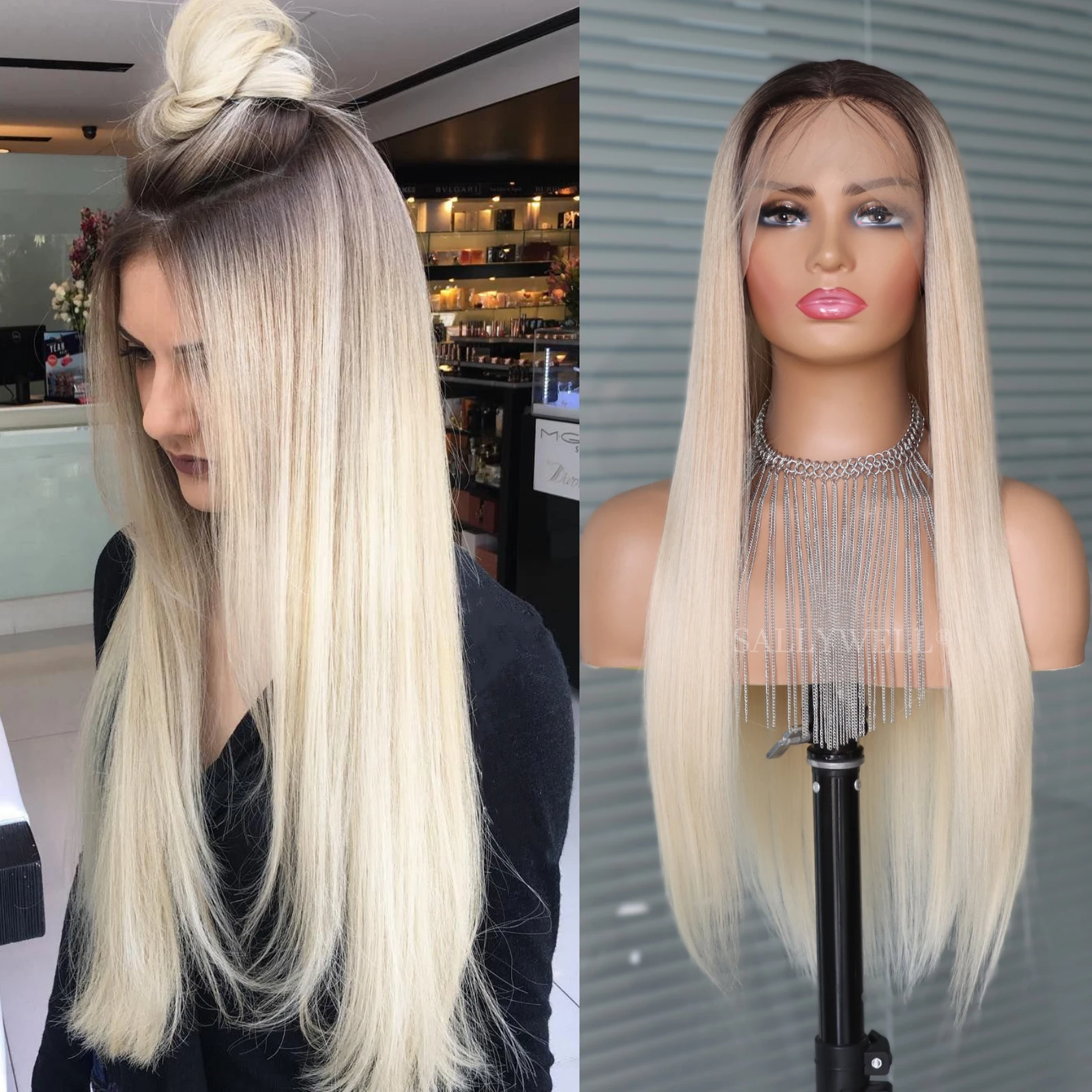 13X4 Lace Front Blonde Color Wig Straight Gradient Wig Layered Synthetic Hair Wig with Dark Roots for Daily Party