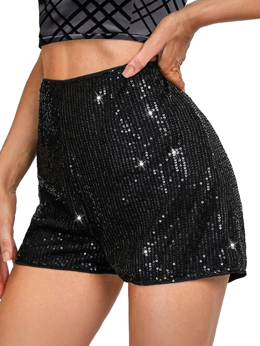 

Women’s Sequin Shorts Mid High Waist Eltic Sparkly Straight Leg Short Glitter Sparkle Hot Pants Solid Color For Party