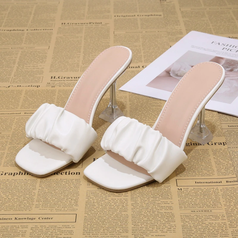 

Sexy Strange Heel Women Slippers Square Toe Mules Slides Slip on Summers New Clear Perspex Crystal High Heels Shoe Women Sandal