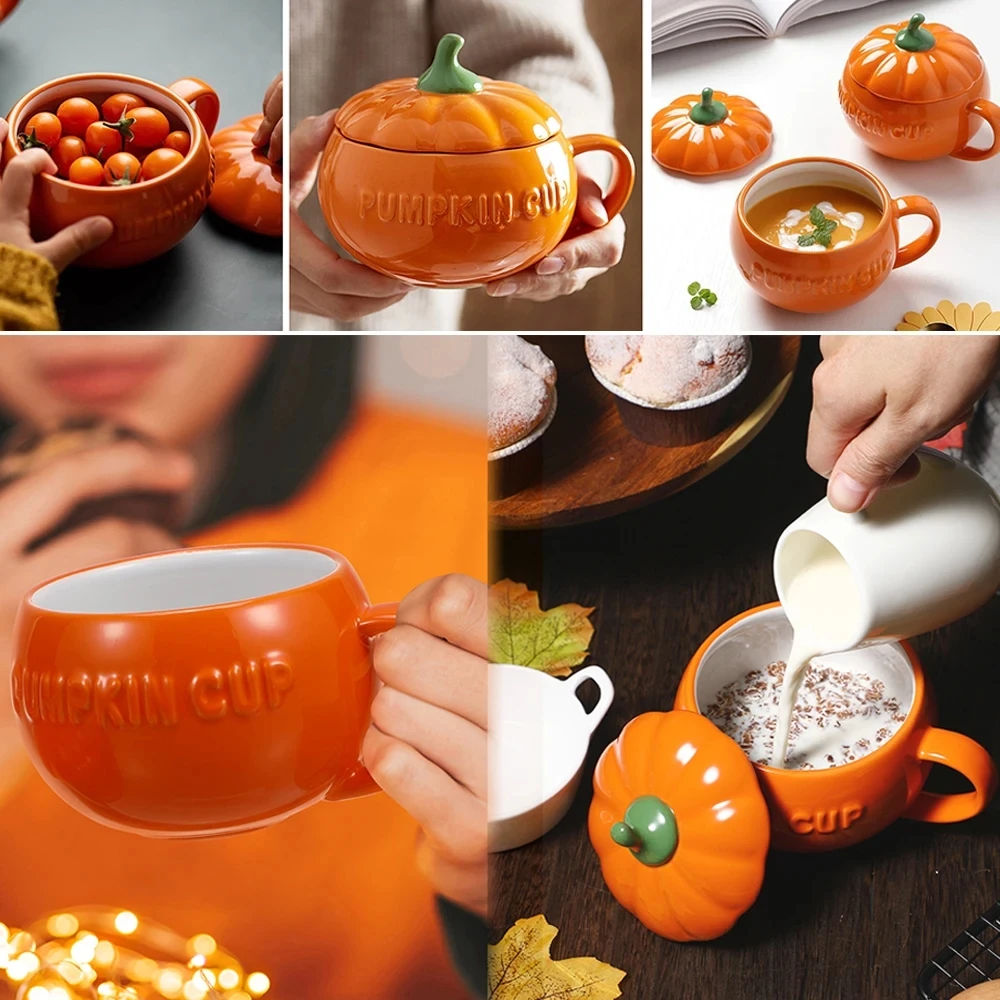 

Golden Pumpkin Mug Cute Ceramic Water Cup Breakfast Thermos Milk Cups with Lid Spoon Table Decor Christmas Gift Home Decoration