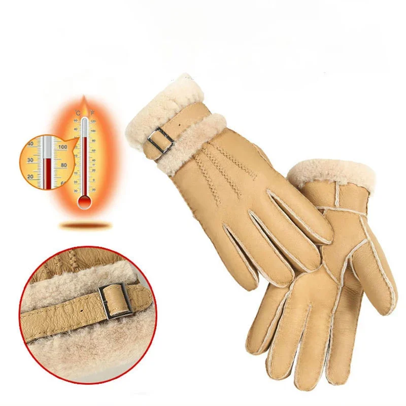

Top Quality Genuine Leather Warm Fur Glove for Women Thermal Winter Fashion Sheepskin Ourdoor Thick Five Finger Gloves