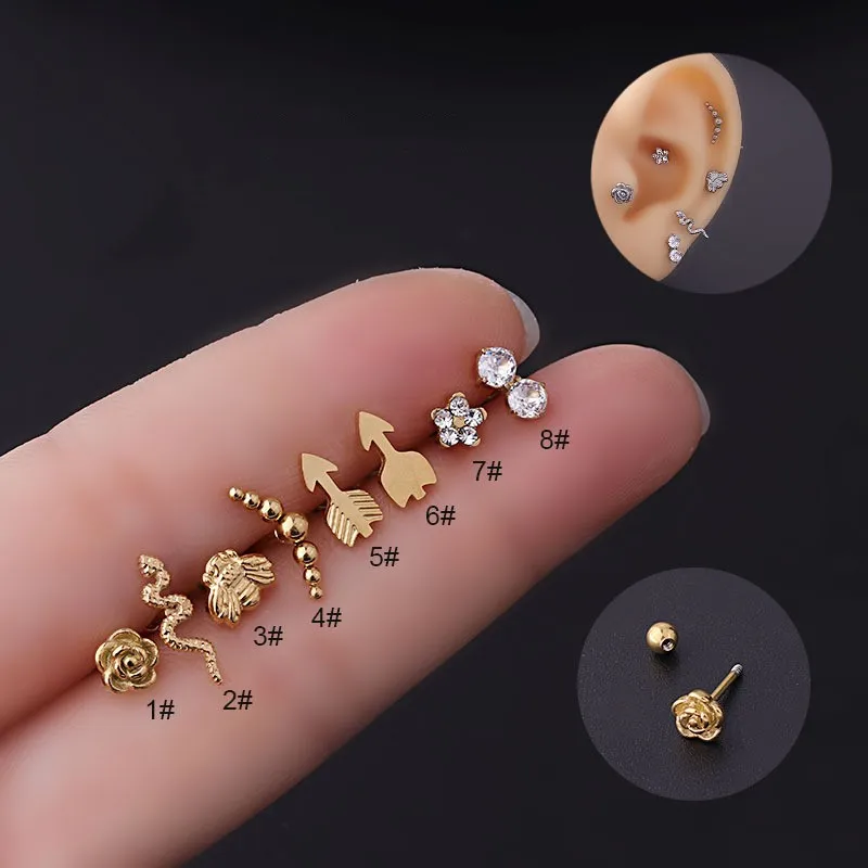 

20G Stainless Steel Piercing Stud Zircon Flower Snake Earbone Nail Helix Conch Cartilage Earring Lobe Ear Stud Body Jewelry Goth